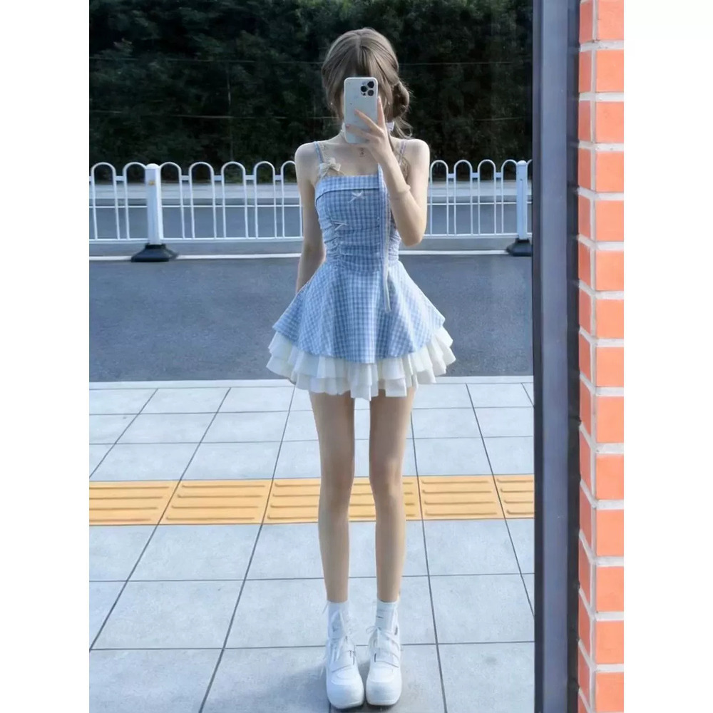 Zara Bow Strap Blue Plaid High Waist Puffy Dress